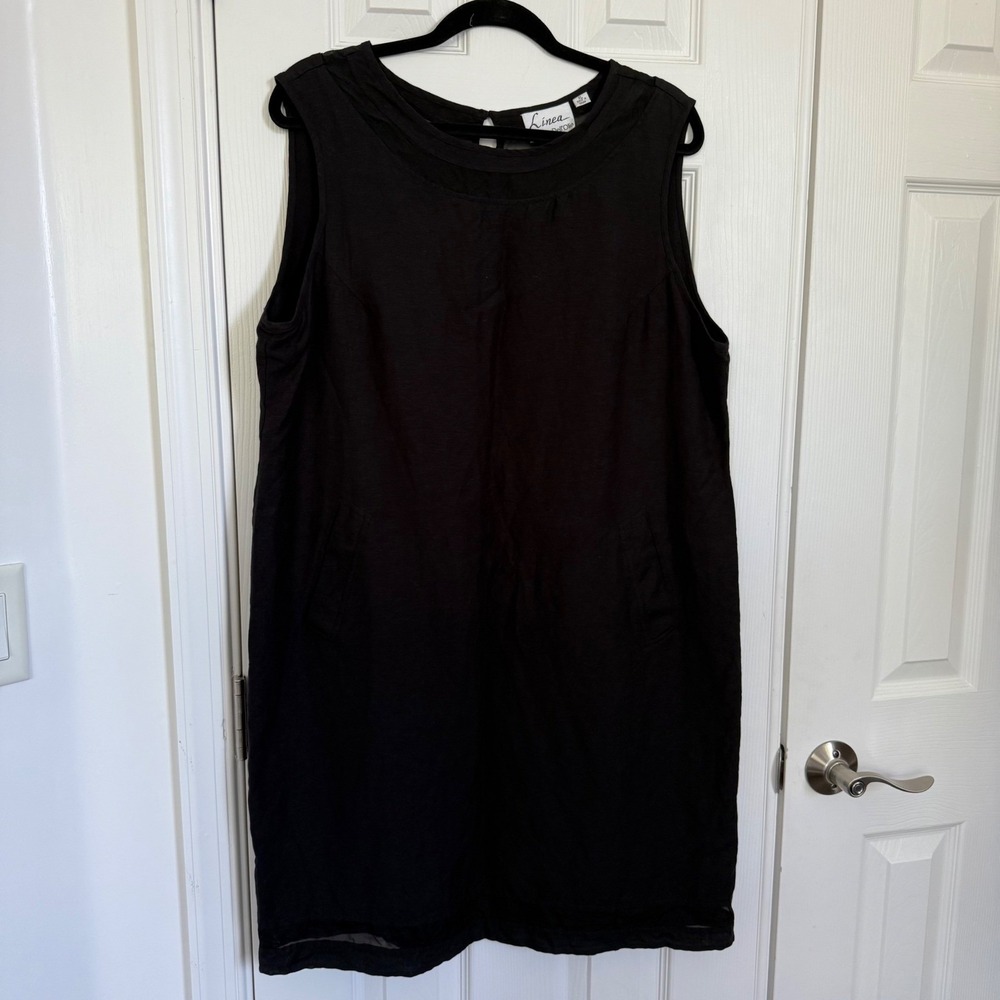 Vtg Linea by Louis Dell'Olio Black Linen Mesh Trim Shift Dress XL Pocketed EUC